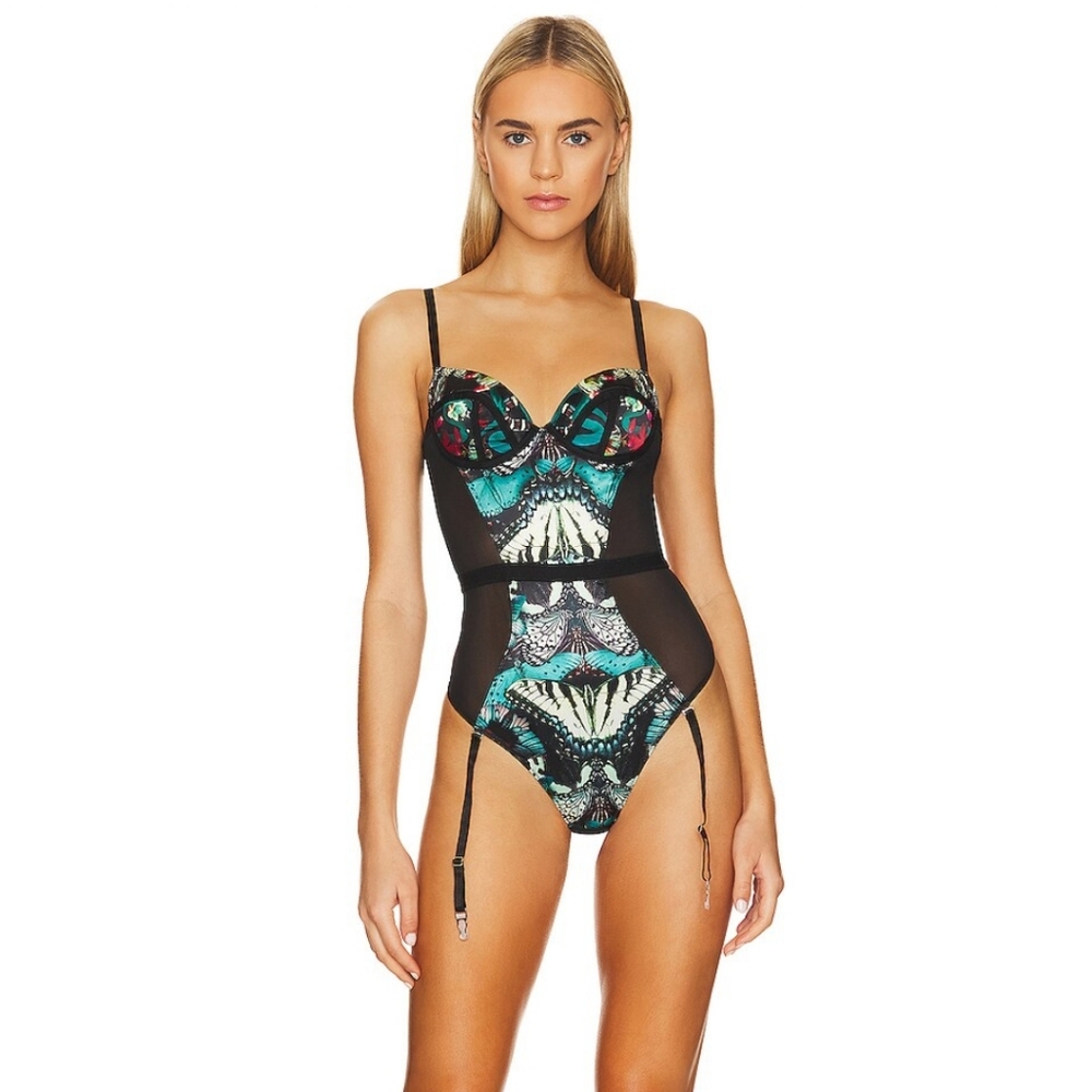 Thistle and Spire Black Bustier Bodysuit with Teal & Pink Butterfly Print